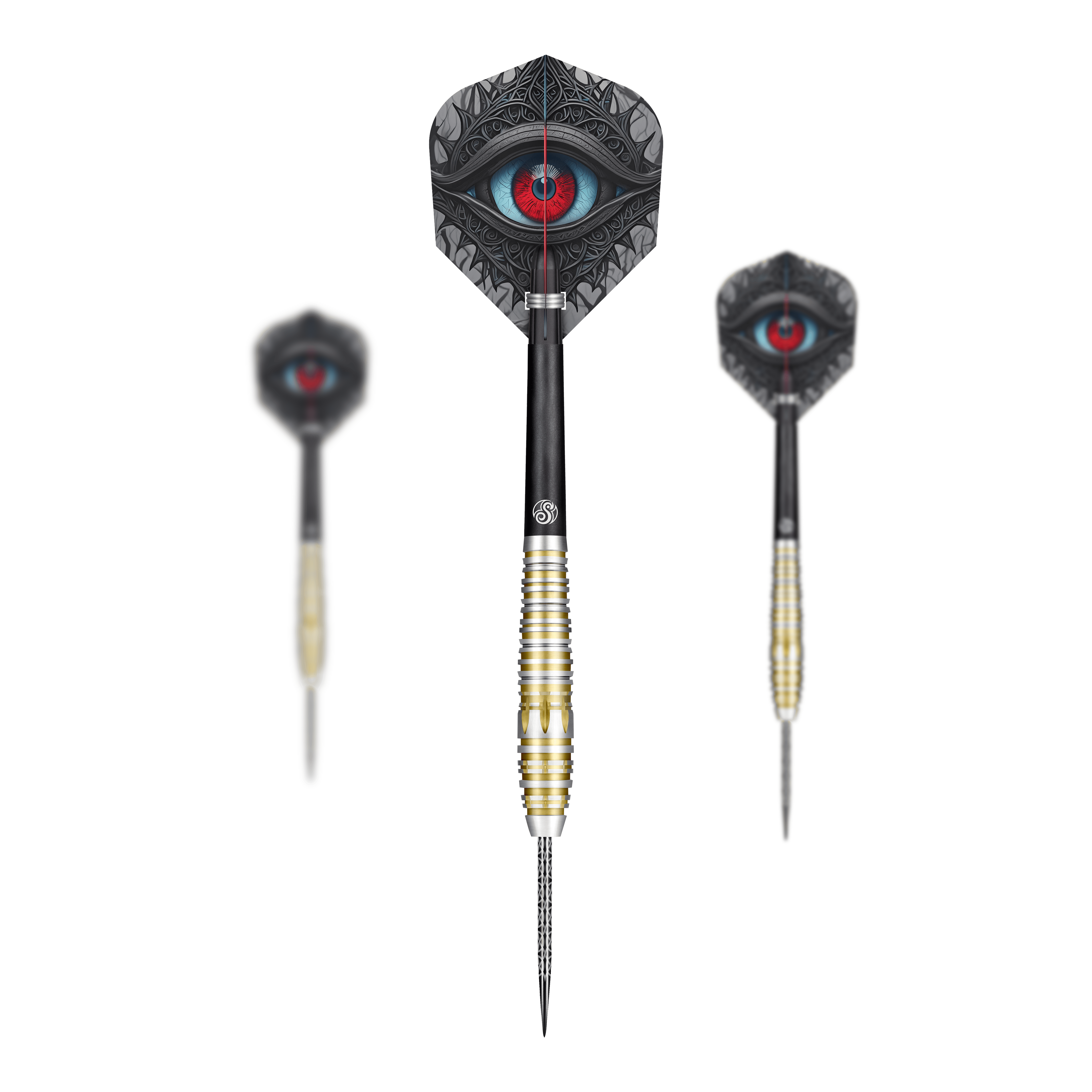 Das Bild zeigt drei Steeldarts des Produkts „Shot Celt Balor Steeldarts“ vor schwarzem Hintergrund. Auf den Flights ist ein auffälliges, stilisiertes Auge in leuchtenden Farben abgebildet.